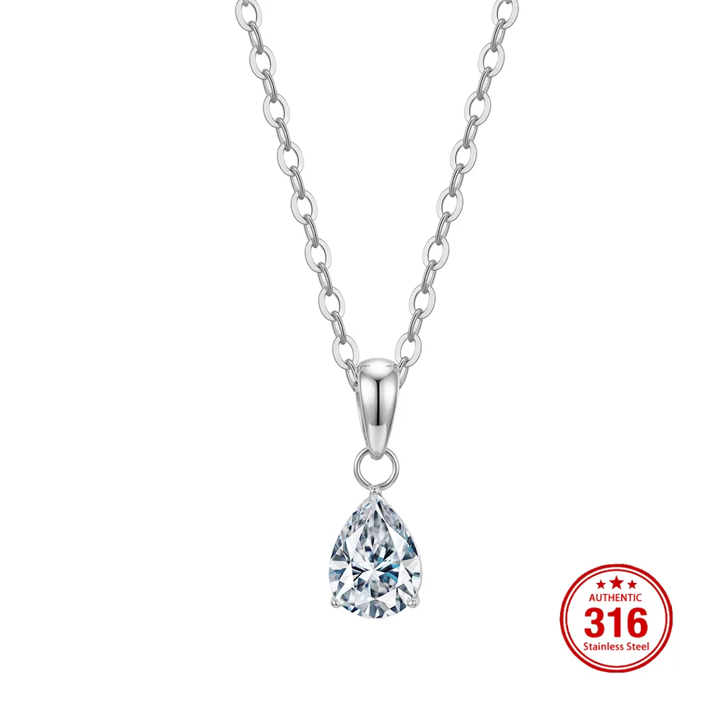 KISS MANDY Stainless Steel Classic Water Drop Zircon Pendant Necklace For Women Minimalist 18K Gold Plated Necklace Gift HTKN05