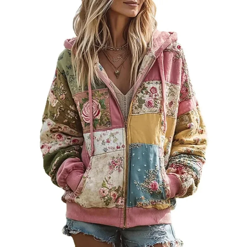 Print Flower Hoodie Top Women Autumn Spring French Y2K Hoodie Casual Floral Hoodie Loose Thin Polo Neck Coat Oversized Top New