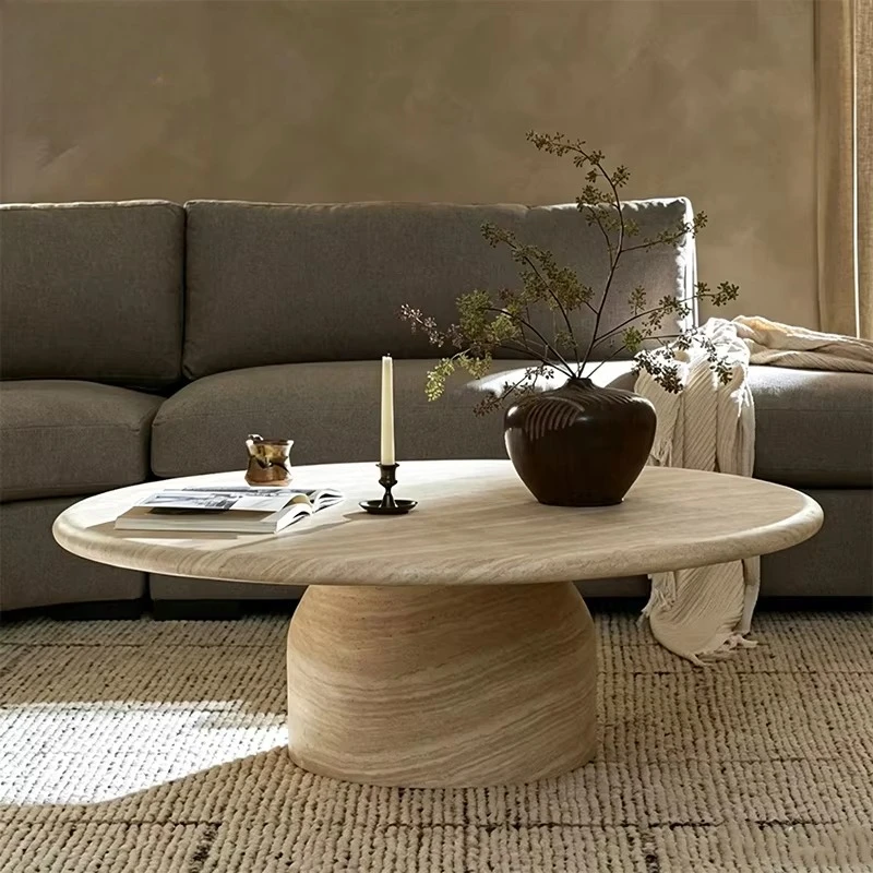 Travertine round coffee table, simple mushroom-shaped base living room table, living room