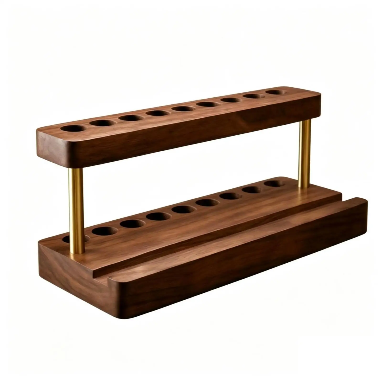 Walnut Pen Organizer with Phone Stand Compact Wood Desktop Organizer with Brass Supports Space-Saving