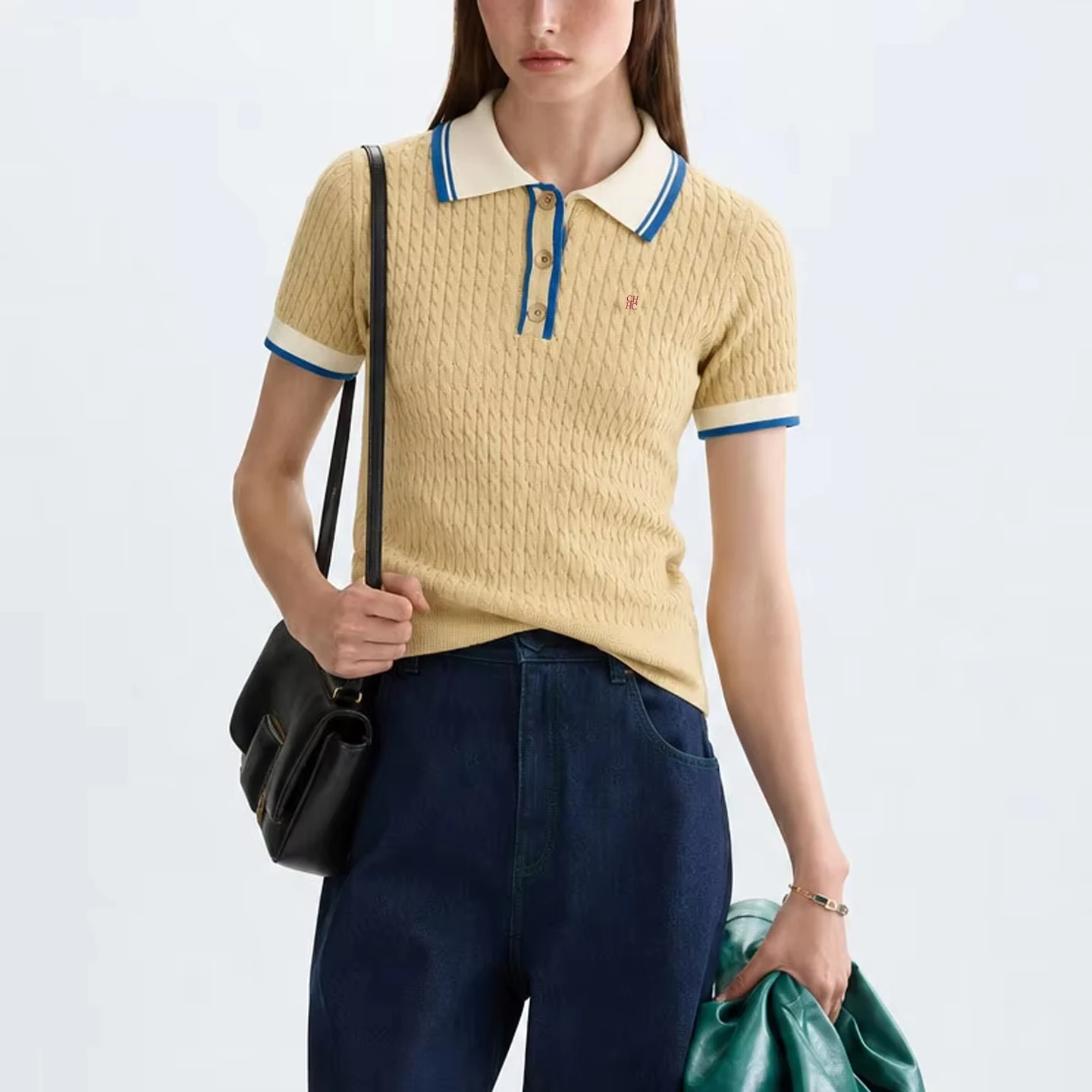 CH Damen Strick-Poloshirt Kurzarm Zopfmuster Besticktes Logo Kontrastkragen Lässiges Elegantes Sommer-Oberteil – Detail 5