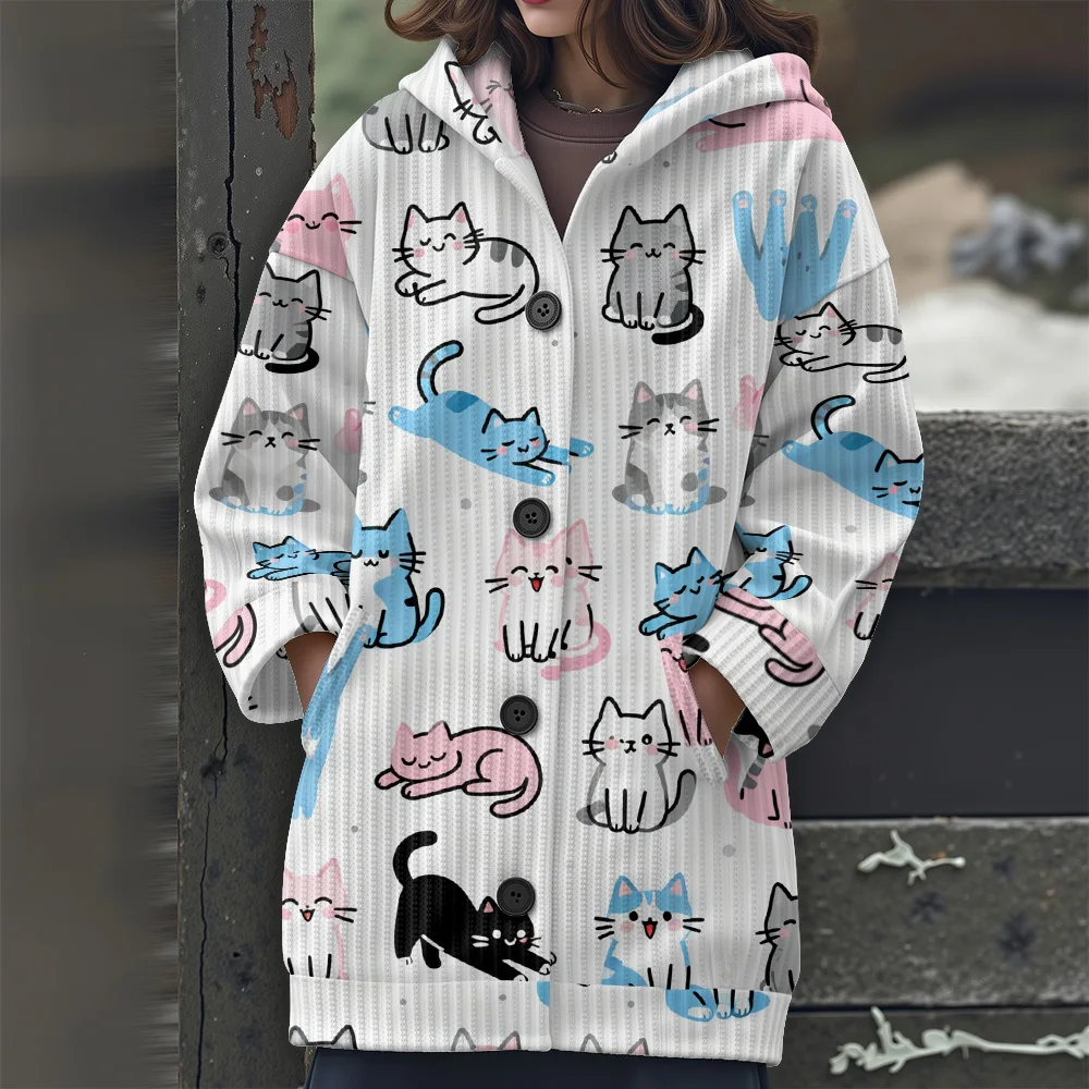 

Длинный свитер с милым котом, свитер с капюшоном и милым узором, новинка 2025, женский свитер с длинными рукавами, повседневный женский свитер