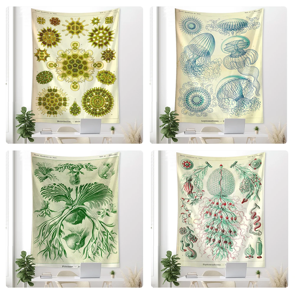 Jellyfish Seaweed Identification Chart Tarot Tapestry Wall Hanging Psychedelic Witchcraft Background Cloth Home Decor