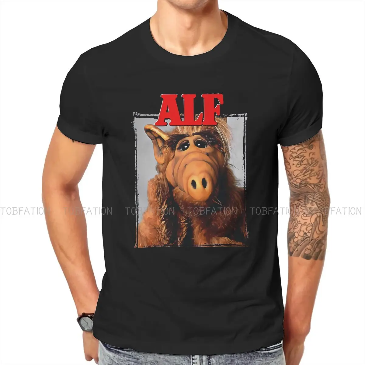Camisetas rojas de la serie animada ALF para hombre, ropa de calle de tela estampada, Camiseta de cuello redondo de gran tamaño