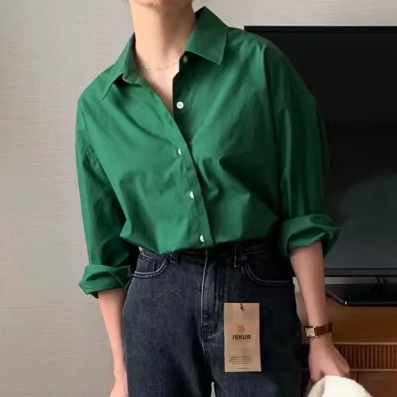 2024 New Fashion Solid Blouse Women Long Sleeve Casual White Loose Green Ladies Tops Blouses Vestido De Mujer 1994