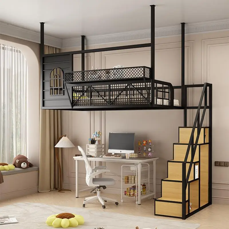 خزانة سلم مرتفعة صغيرة من الحديد المطاوع موفرة للمساحة، سرير علوي، شقة مزدوجة من الطابق الثاني معلقة تحت السرير #1