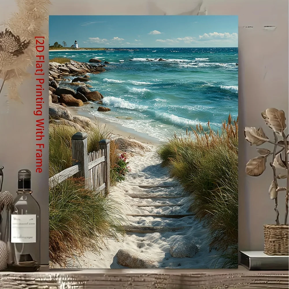 2D Flat, 1pc Large Modern Coastal Sand Dunes Beach Wall Art Framed Canvas Print - Calming Blue Suitable for Horizontal/Vertic