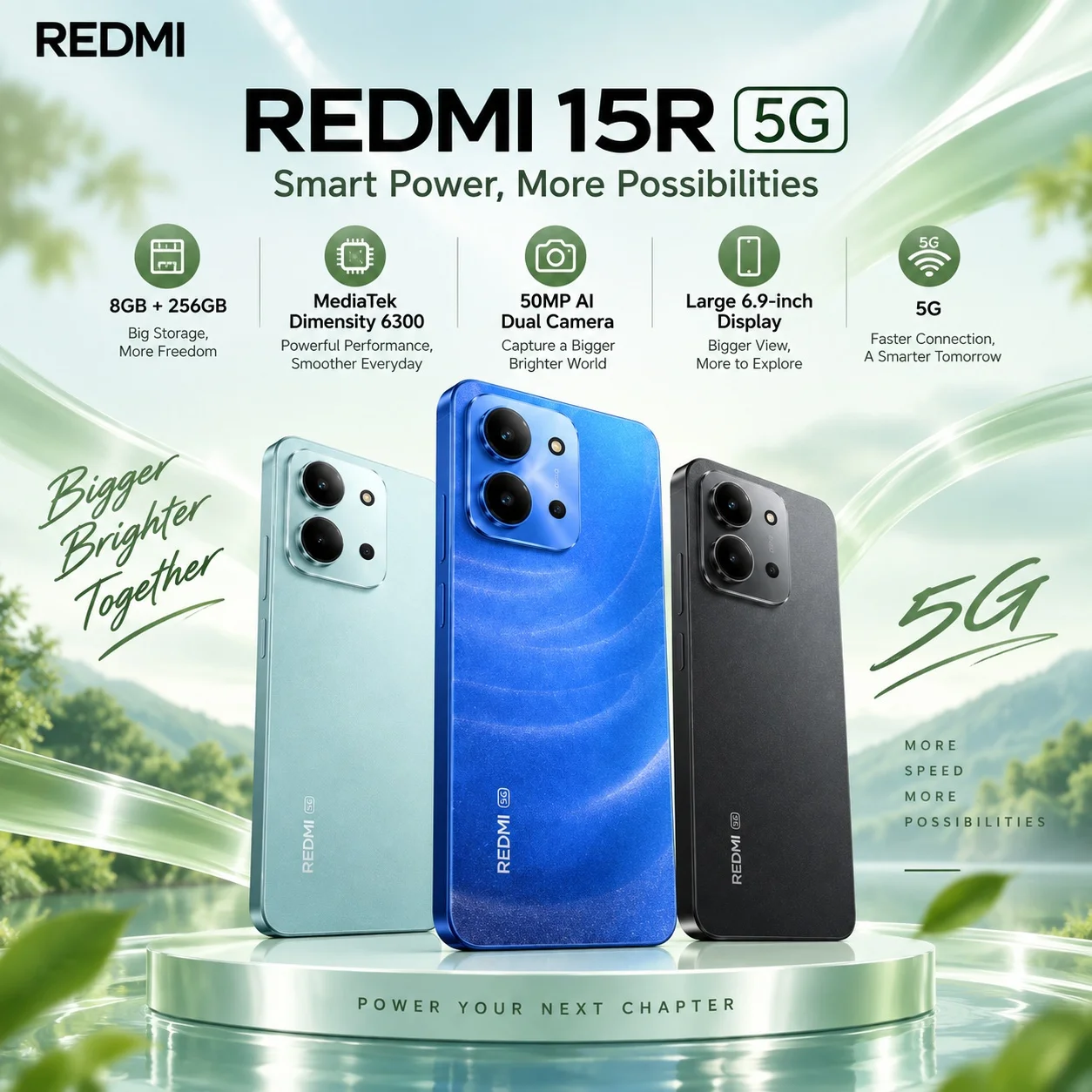 Redmi 15R 5G: 8GB+256GB, Dimensity 6300, 6.9-inch 120Hz display, 6000mAh battery, 33W fast charging and smooth 5G performance.