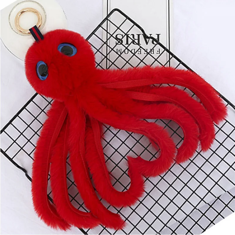 Cute Girls Fluffy Fur Pompom Octopus Keychains Women Rabbit Fur Pompon Octopus Key Chain On Bag Car Trinket Jewelry Party Gift