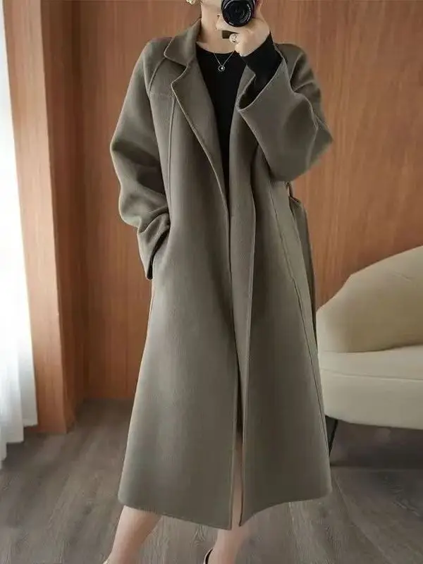 plus Size Women's Korean Style Grey Woolen Coat Thick Over-Knee Autumn Winter New Style High End Feeling Casual Long Coat
