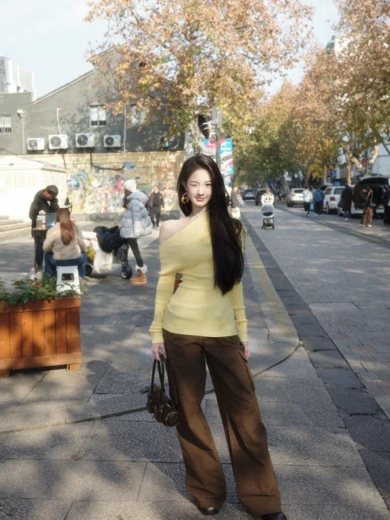 

Вязаный свитер с открытыми плечами для женщин, ранняя зима, повседневный базовый слой, внутренняя одежда, свитер с открытыми плечами