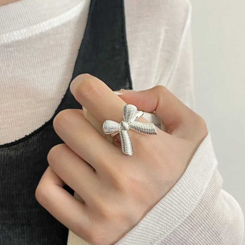 

925 Sterling Silver Chic Bow Tie Striped Lines Wrinkles Adjustable Opening Ring for Women Fine Jewelry Minimalist Accessories