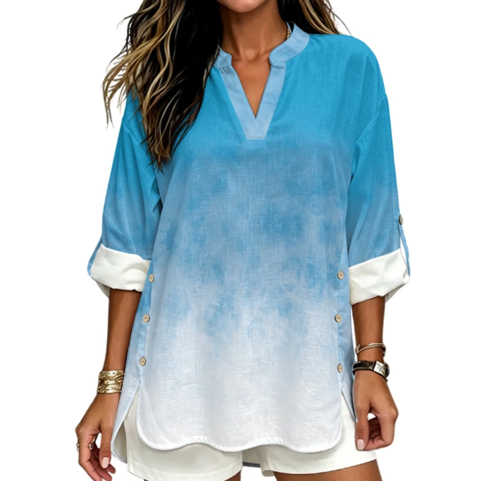 PENSTROLL Light Blue Solid Linen Style Beach Tops Breathable Long Sleeve Blouses for Fall Sizes S-5XL