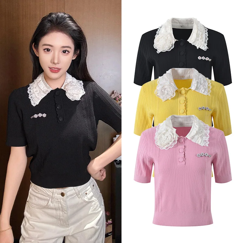 

Romantic Lace Ne Knitted Top Heavy Embellied ort Sve Faionable Women's Ultra Thin Summer Sweater Gentle Sle