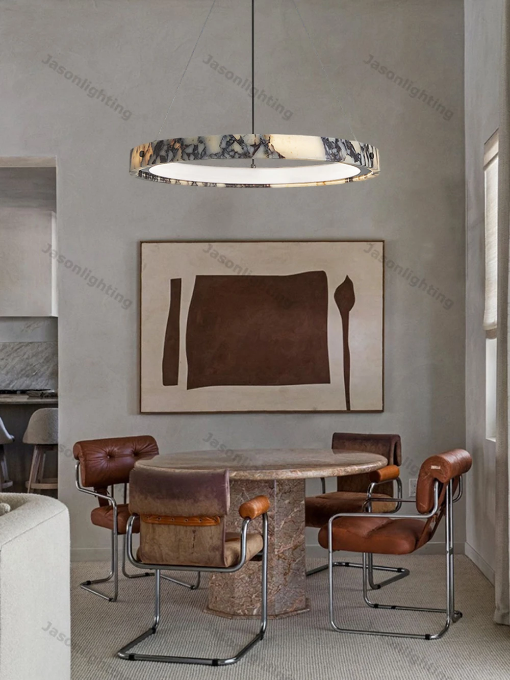 5-Ring Natural Marble Gold Chrome Dimmable LED Chandelier