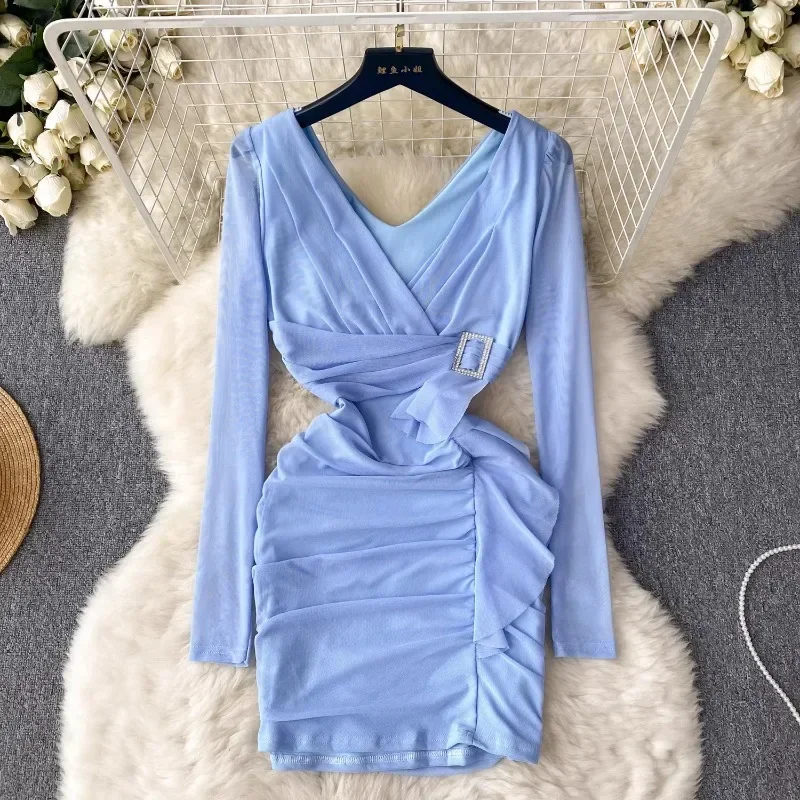 

Retro Lady Style High-end V-neck Dress Women's Ruffled Waist Design Niche Light Luxury Temperament Short Skirt Autumn New Style