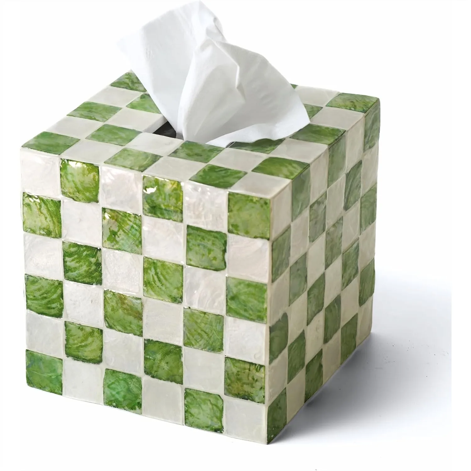 

Handmade Checkered Tissue Box Cover with Capiz Shells, 5.7" Square Decorative Tissue Holder for Living Room, Bathroom or Office