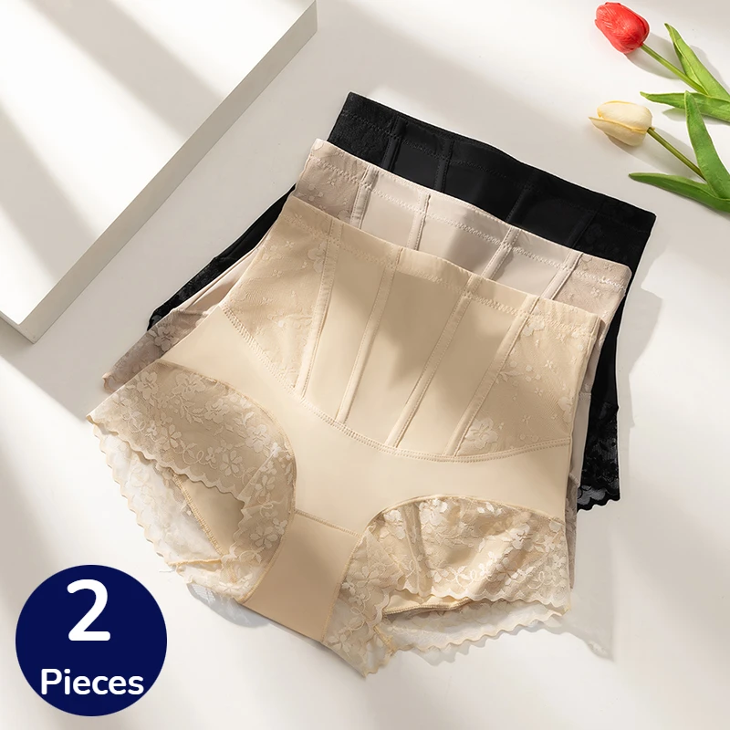 BZEL 2PCS Frauen Shaper Höschen Hohe Taille Spitze Sexy Dessous Bauch Straffer Komfort Weibliche Slips Fishbone Taille Abnehmen
