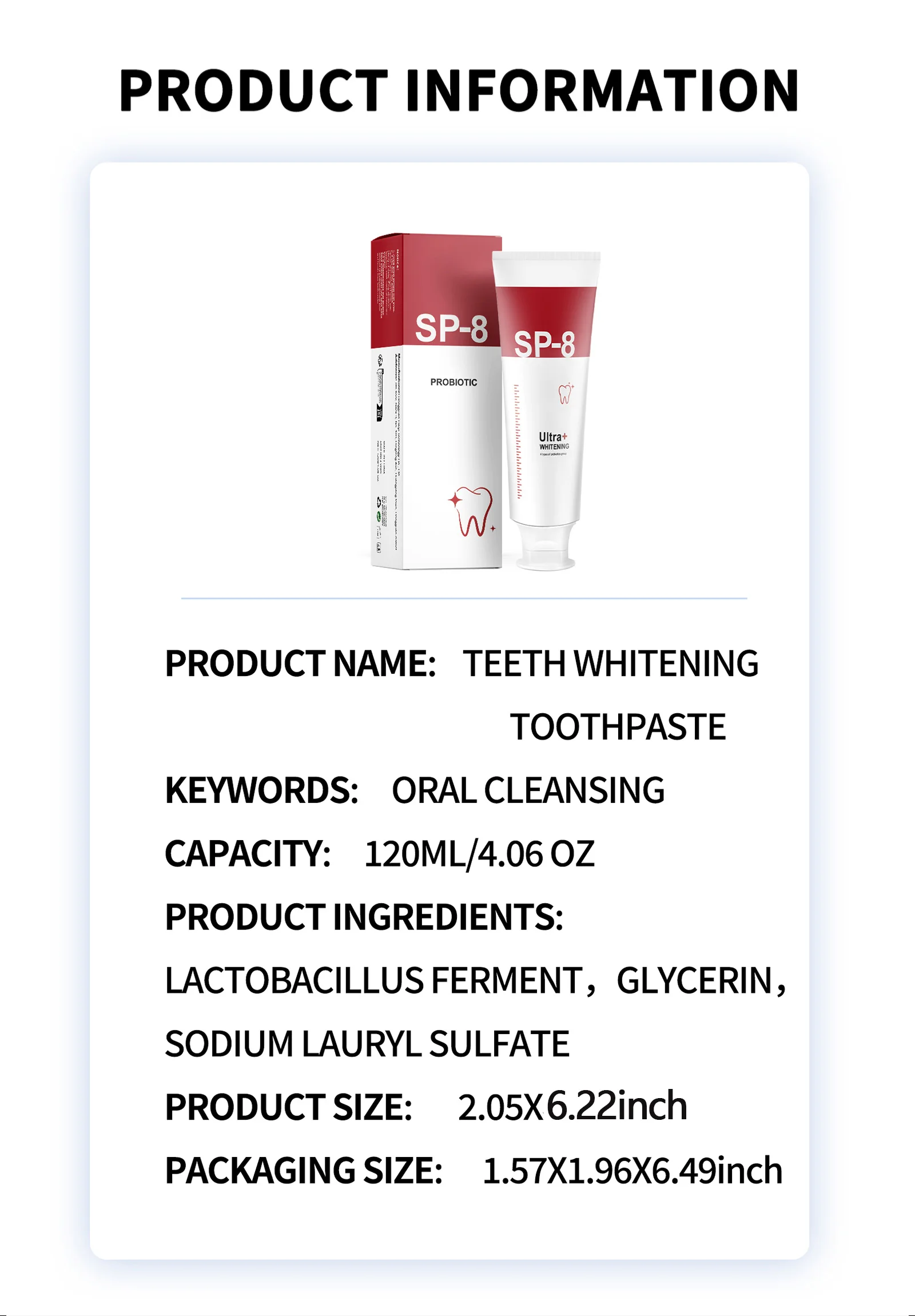 

SP-8 Probiotic Teeth Whitening Toothpaste 120g for Oral Remove Stains Fresh Breath Enamel Care Deep Cleaning Teeth for Adults