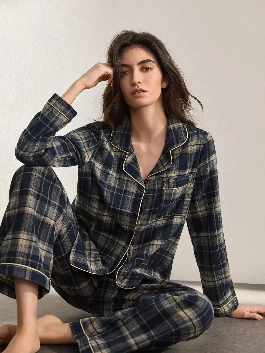 

Women Plaid Cotton Pajama Set Long Sleeve Lapel Collar Sleepwear Comfortable Fall Winter