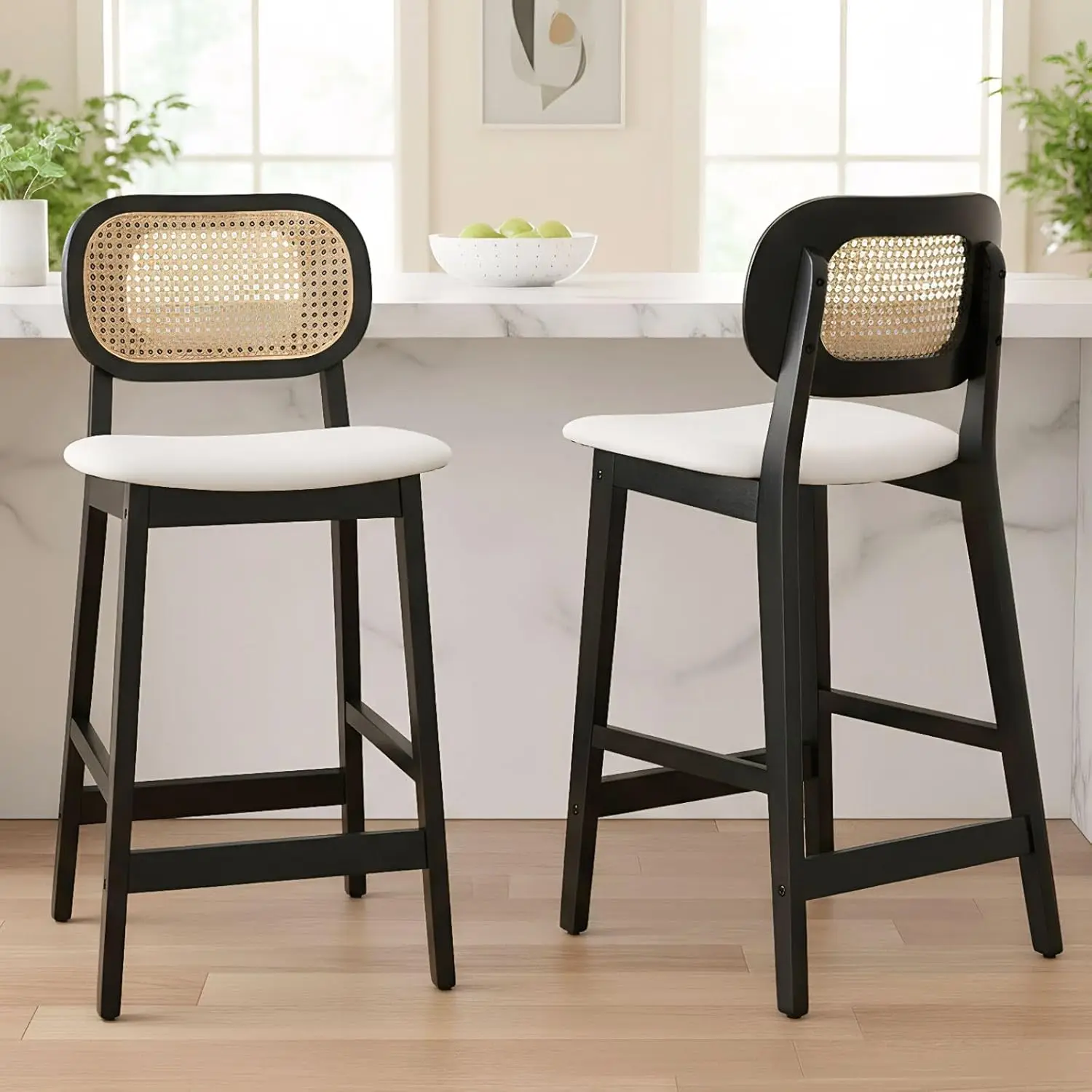 

White Sherpa Counter Stools Set of 2 Farmhouse Wood Bar Chairs 26in Curved Back Kitchen Island, Customized