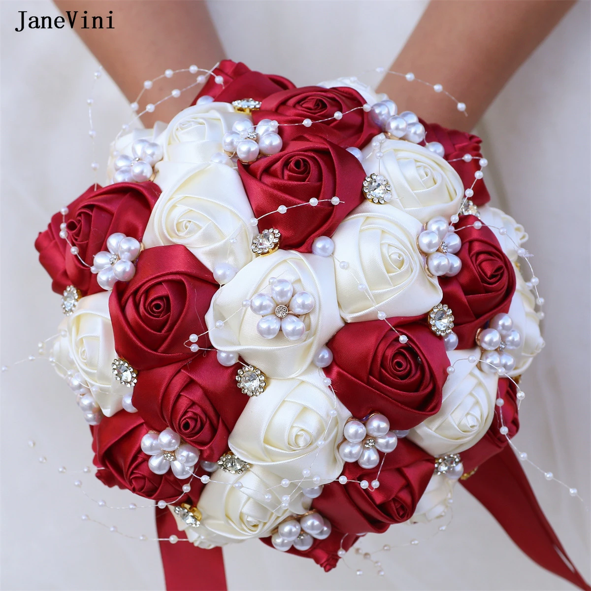 JaneVini New Elegant Dark Red Flowers Bridal Hand Bouquets Luxury Beaded Pearls Artificial Satin Roses Wedding Bouquet for Bride