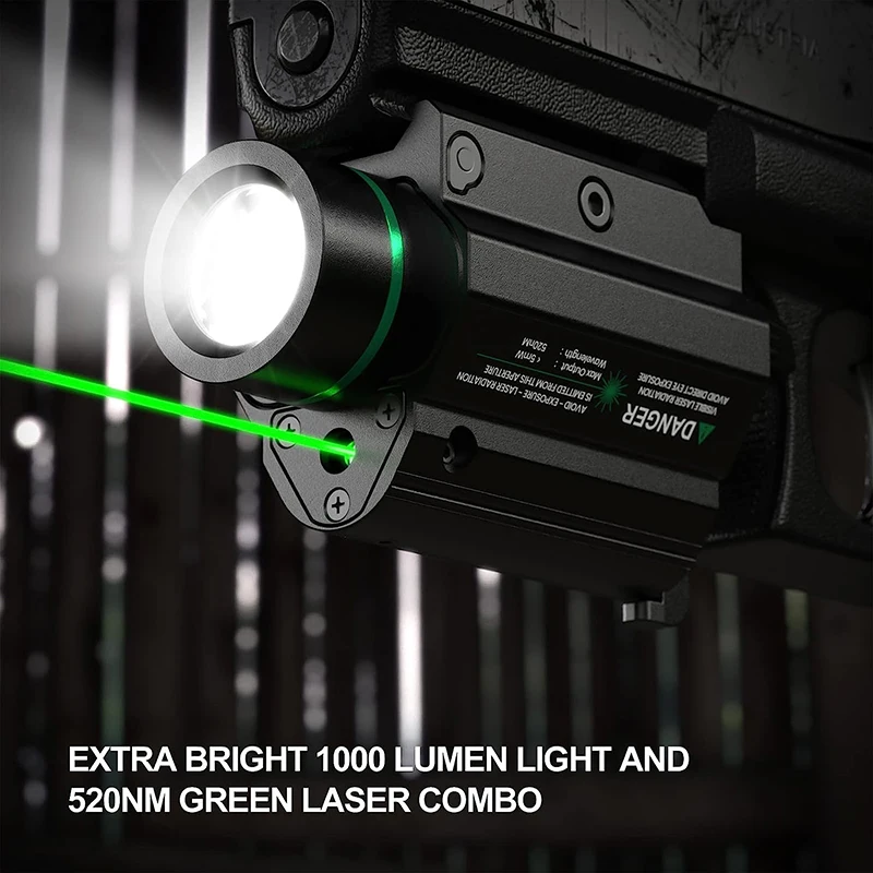 1000 Lumen Weapon Light Flashlight Green/Red Laser Light Combo LED with Picatinny Rail Mount for Pistol Rifle Rechargeable