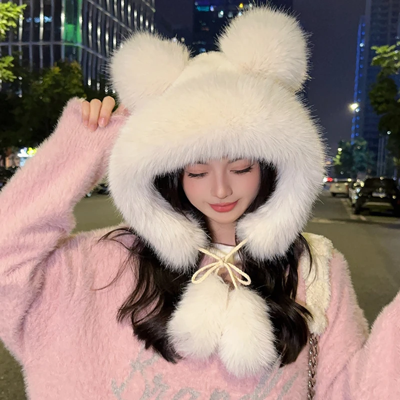 

Cute Bear Ear Plush Hats For Women Girls Fluffy Thicken Imitation Mink Hair Ear Protection Bomber Hats Outdoor Warmer Caps