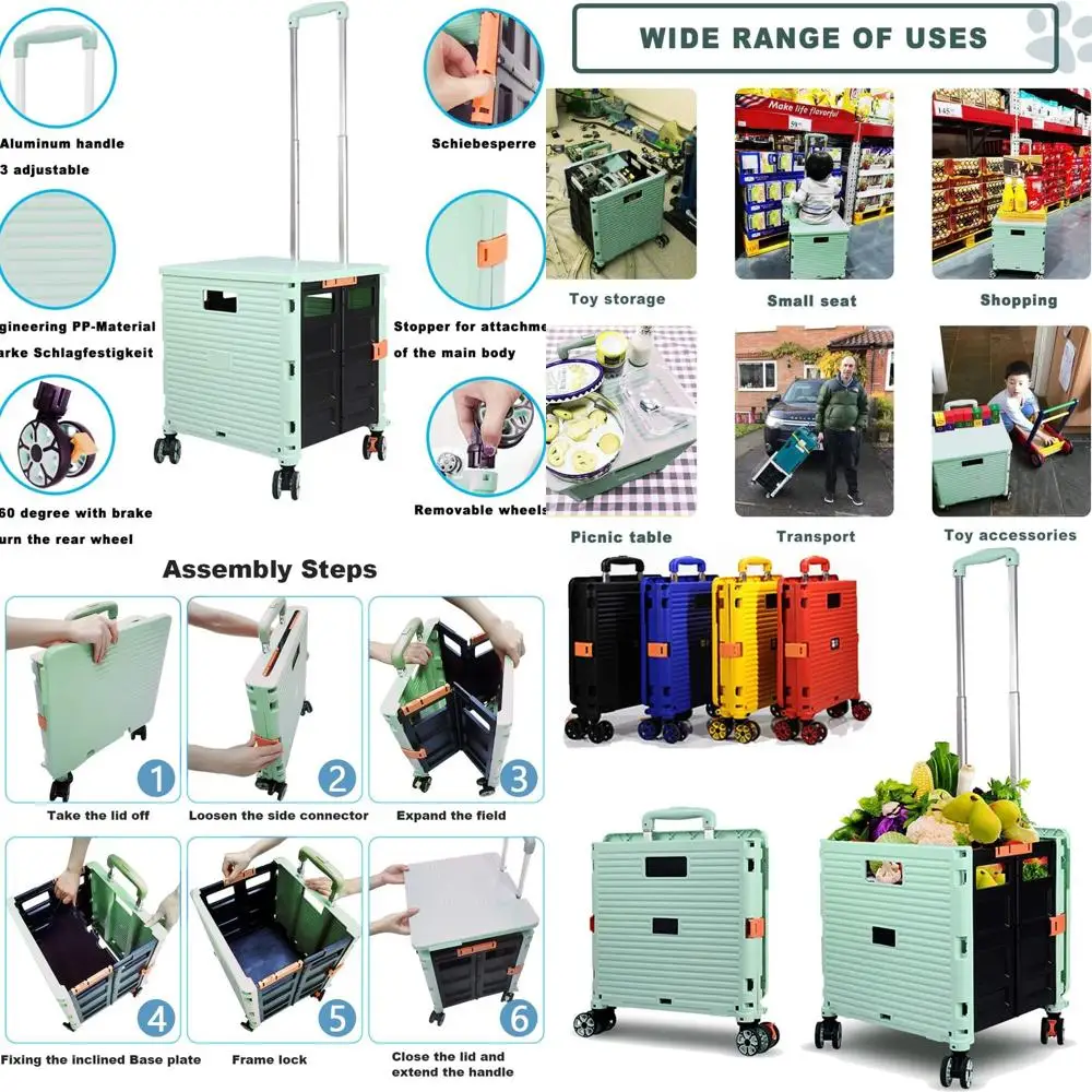 

Folding Portable Rolling Crate with Lid, Wear-Resistant, Noiseless Wheels for Travel, Shopping, Moving, and Storage Use (Green)