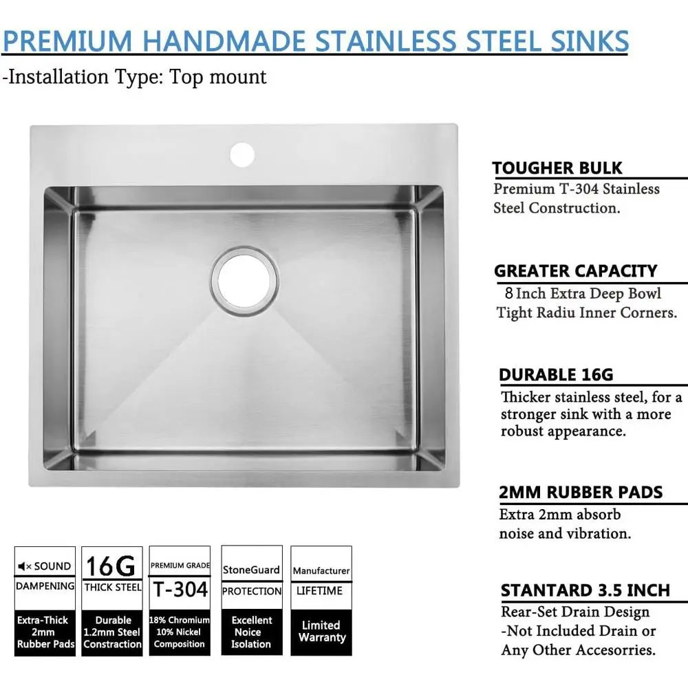 25インチ ドロップインキッチンシンク、22インチ RVランドリーユーティリティシンク、ブラッシュドニッケルシングルボウル、トップマウントステンレススチールシンク（D付き）
