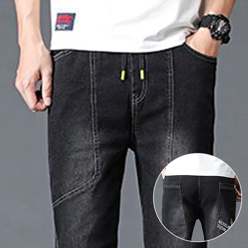 

Fashion Men Loose Tapered Ankle Length Jeans Male Smart Casual Harem Denim Pants Elastic Waistband Blue Trousers