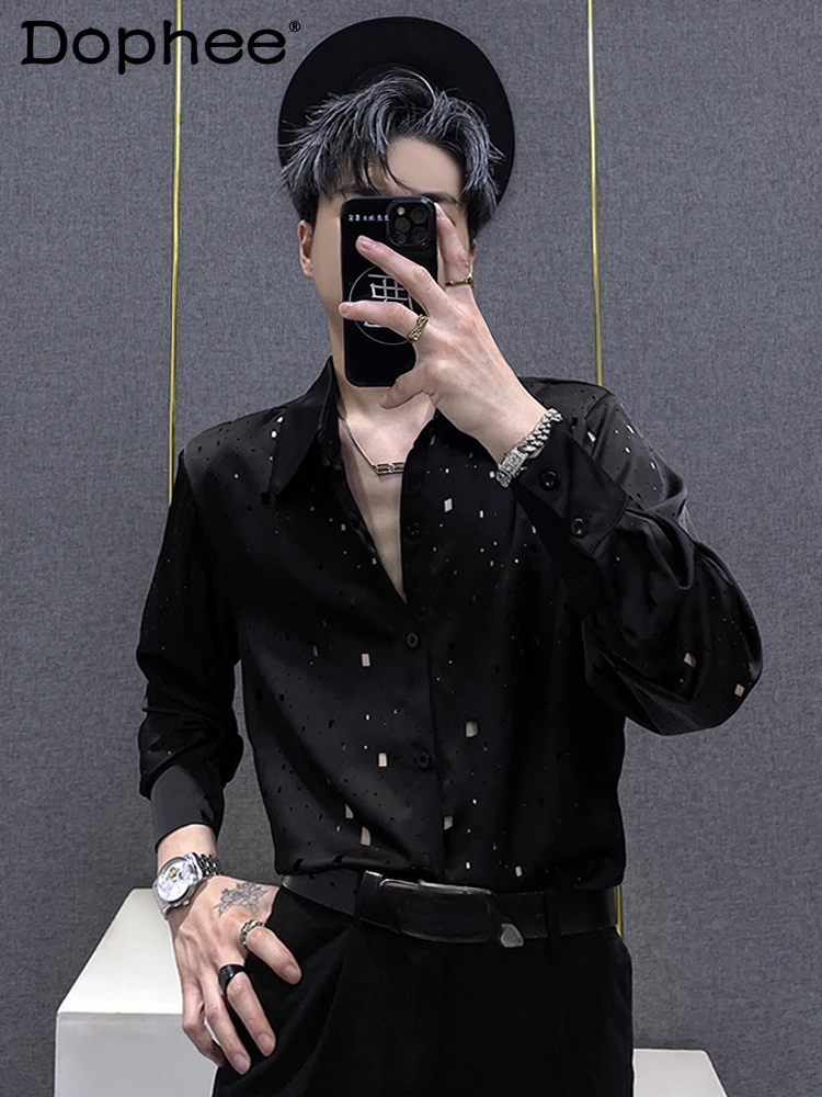 

2024 Summer Fashion Shirts Trendy Male Unique Rhinestone Hole Thin Shirt Men's Long Sleeve Black Loose Casual Versatile Shirts