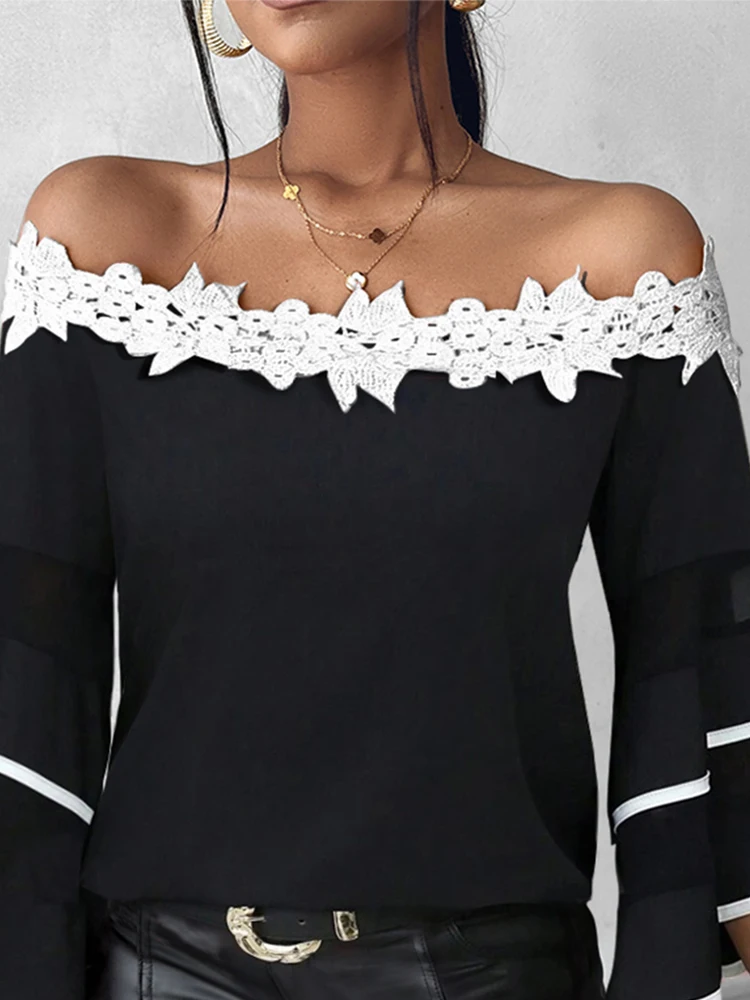 Contrast Lace Bell Sleeve Off Shoulder Top Blouses Chic Binding Daily