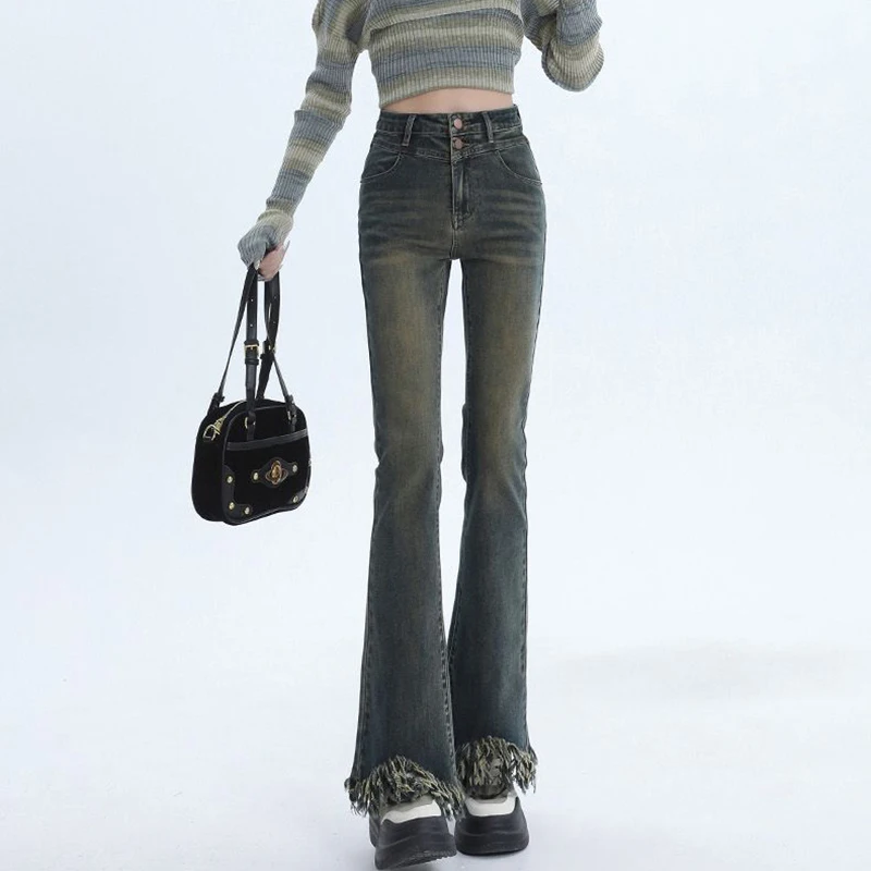 Damen Chic Zerrissene Designer High-Waist Schlagjeans Mädchen Y2k Retro Mode Dünne Hosen Weibliche Koreanische Lässige Denim-Hosen