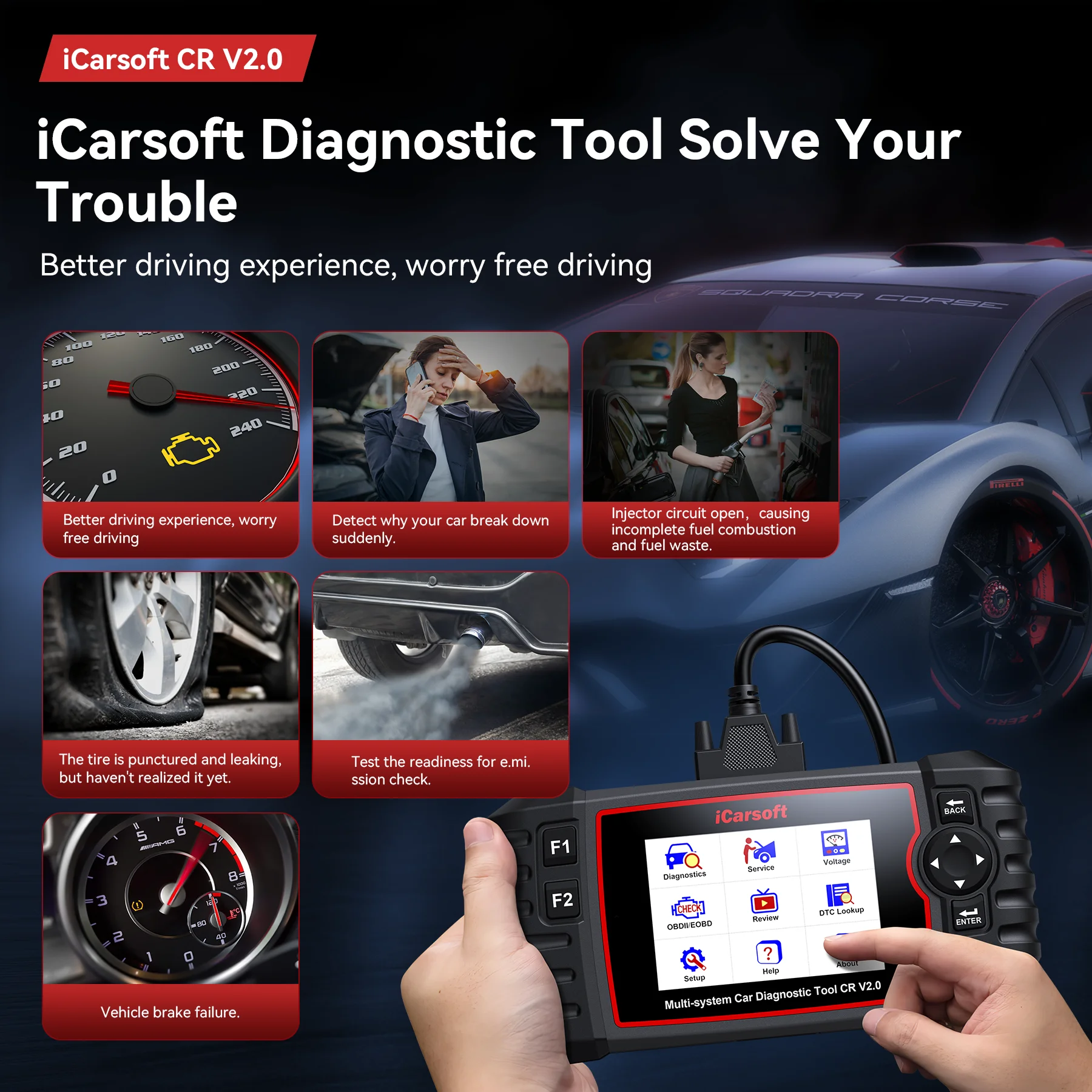 iCarsoft CR V2.0 لـ 10 سيارات اختيارية تصنع أداة تشخيص Obd2 تحديث مجاني TPMS/ABS/DPF/EPB/إعادة ضبط الزيت + طباعة البيانات المباشرة