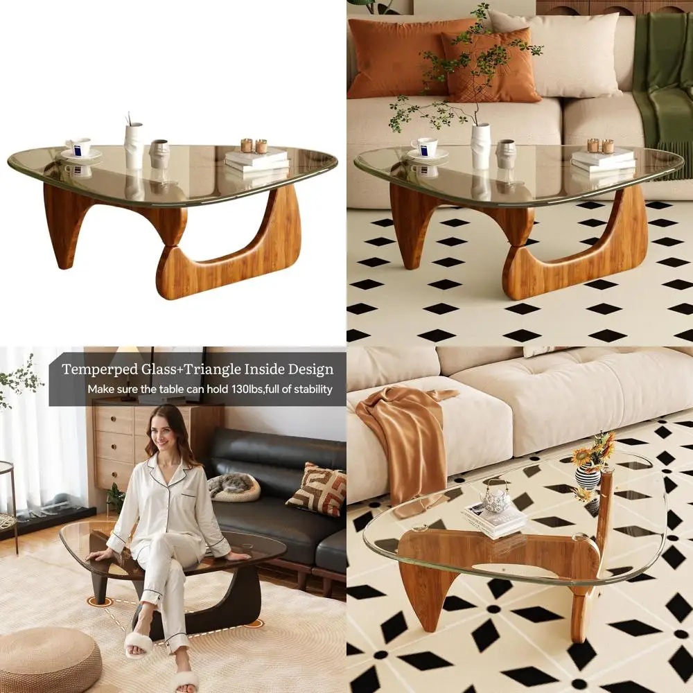 

Modern Living Room Coffee Table with Glass Top and Walnut Wood Base