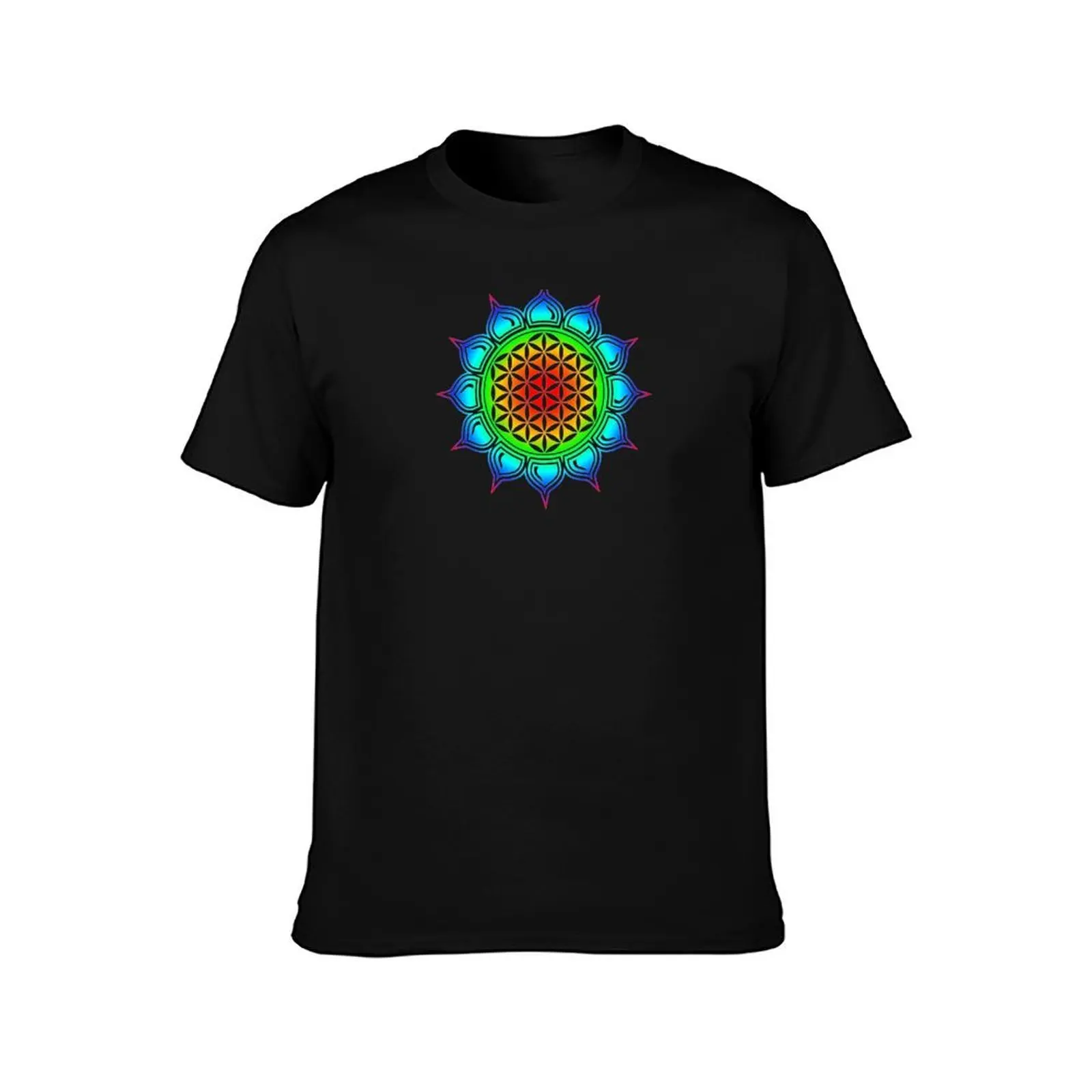 Flower of life - Heart Chakra Lotus, Rainbow, Sacred Geometry, Harmony & Balance T-Shirt Vintage Print Crew Neck Tee T-Shirt