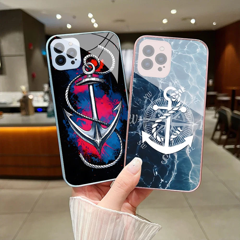 Anchor Boat Ship Wheel Phone Case For IPhone 15 14 13 12 Mini 11 Pro Max X XS XR 6 7 8 SE Plus Glass Hard Cover