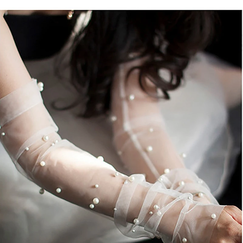 Lace perspective bride long Gloves travel photography props for nails white gauze wedding sleeve Nail charms decorations Supplie