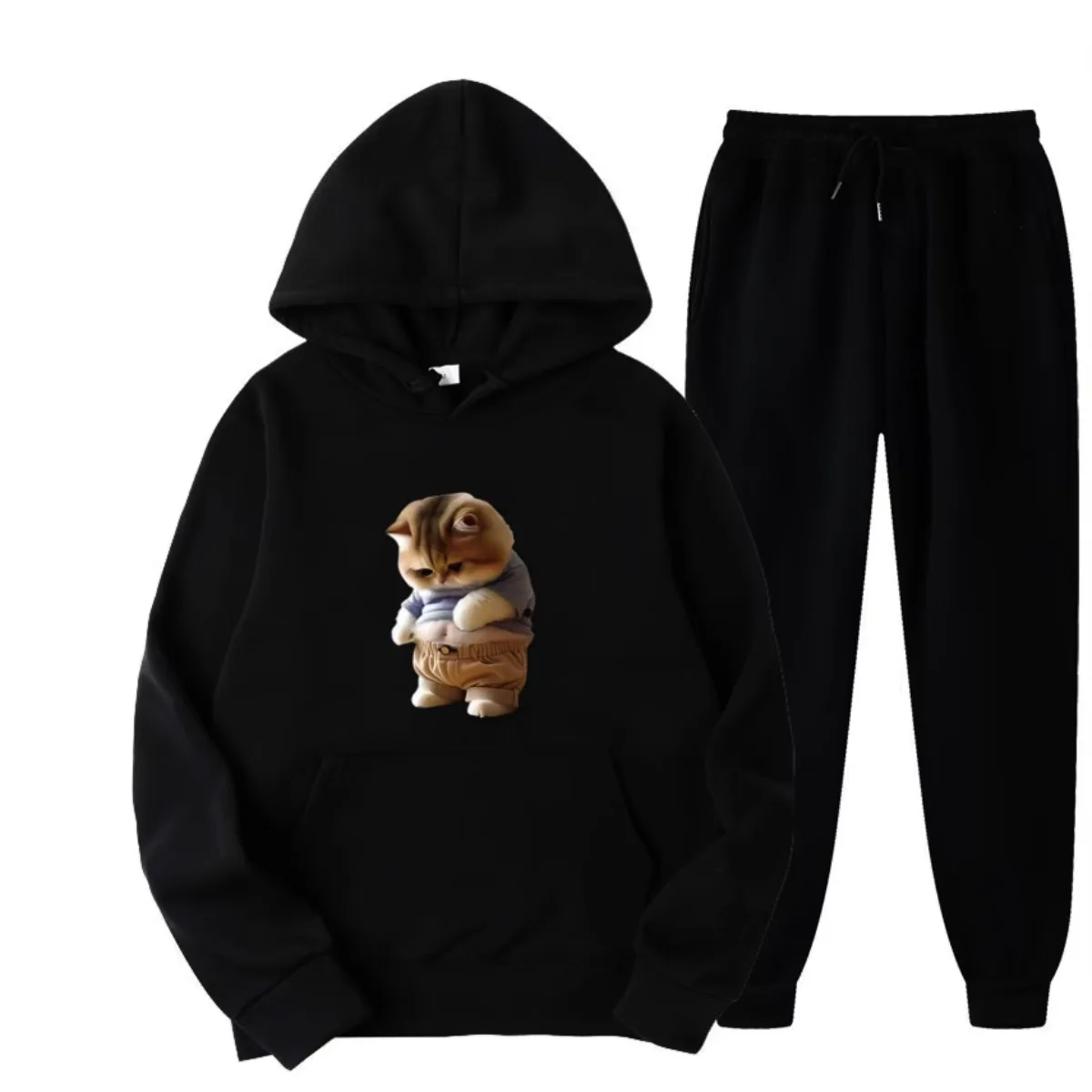 

Autumn and Winter Men's and Women's Hoodie Set with Chubby Cat Print Pattern, Casual Baita