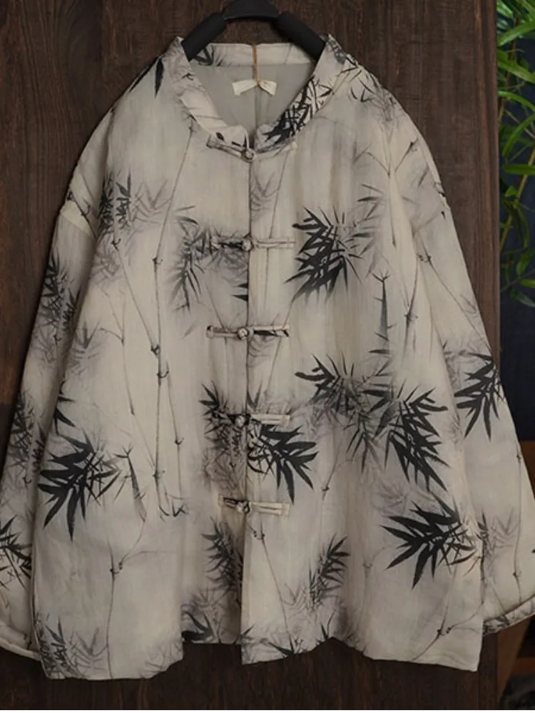 New Chinese Style Dyed Bamboo Print Cotton Jacket Women's Winter Thick Warm Improved Zen Style Button up Long Sleeve Coat