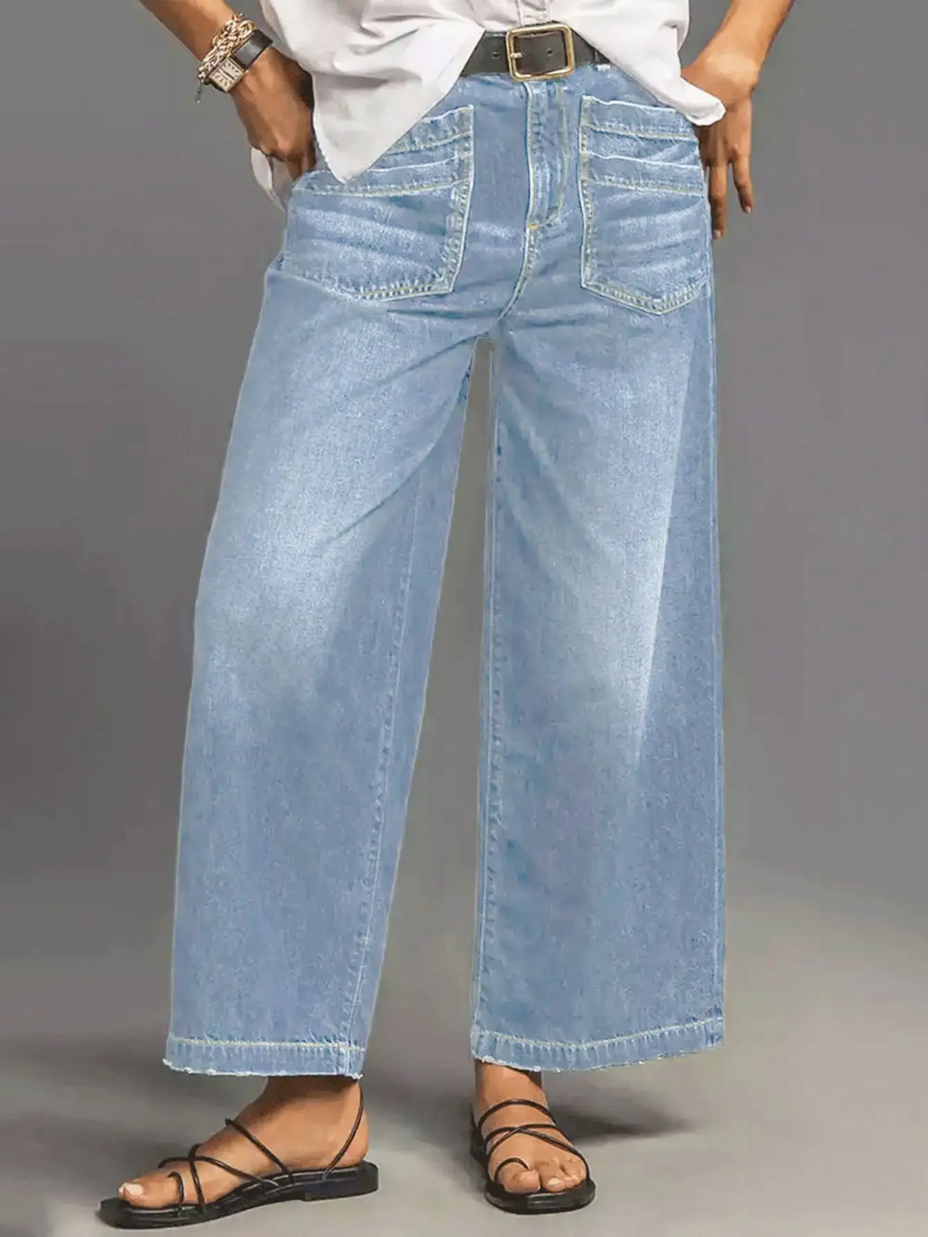 

Women's Light Blue Wide Leg Denim Jeans with Stylish Pocket Design - Trendy & Comfortable Casual Wear