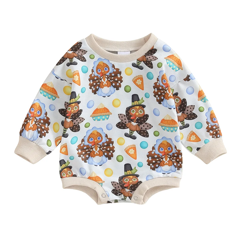 

0-18M Infant Baby Thanksgiving Sweatshirt Jumpsuit Cartoon Turkey Print Round Neck Long Sleeve Romper Toddler Clothes