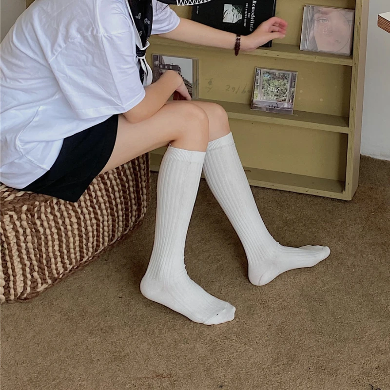جوارب طويلة منسوجة من القطن للنساء ، جوارب ، عالية الفخذ ، دافئة ، أزياء السيدات ، الفتيات ، جوارب الركبة أحادية اللون ، الخريف ، الشتاء