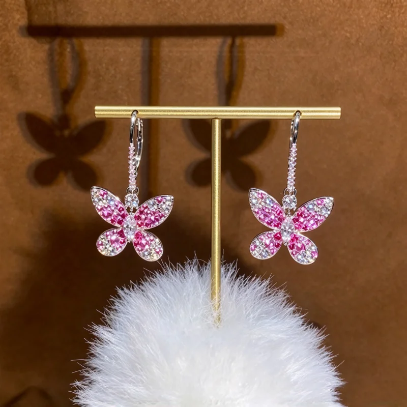 Cameo Pink CZ Butterfly Dangle Earrings for Women 925 Silver Hoop Drop Earrings Sparkly Daily Banquet Accessories