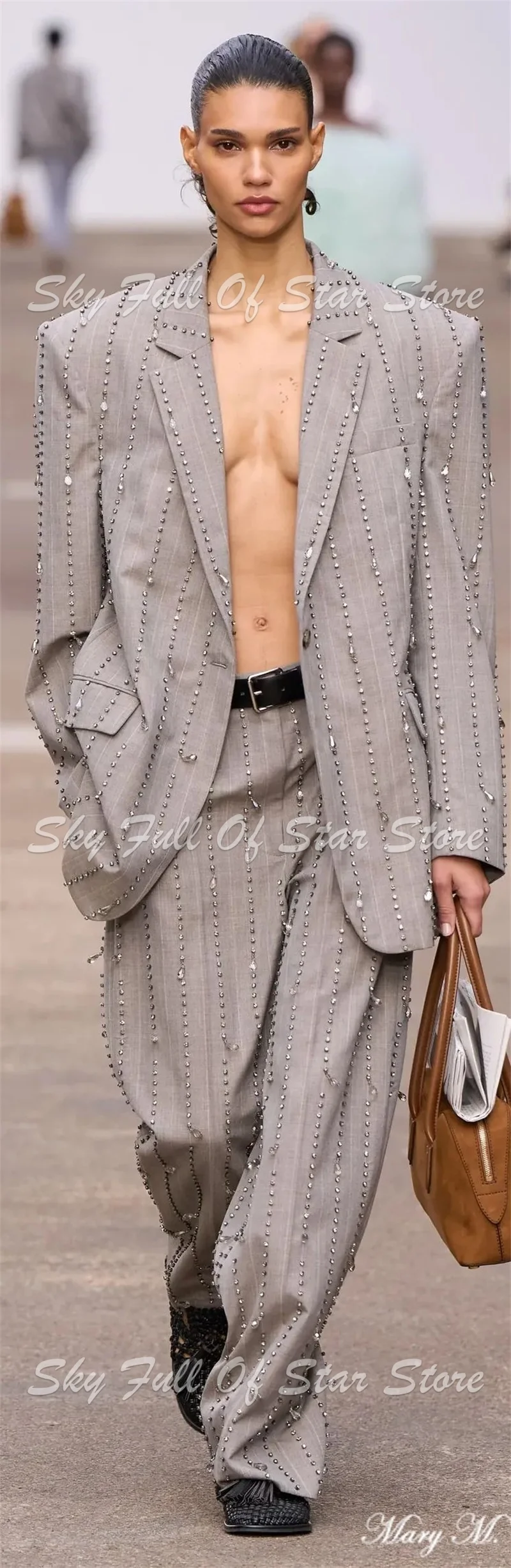 Custom Grey Pinstripe Teardrop Rhinestone Two Piece Suit Oversized Blazer Wide Leg Trousers Elegant Runway Party Ladies Outfit