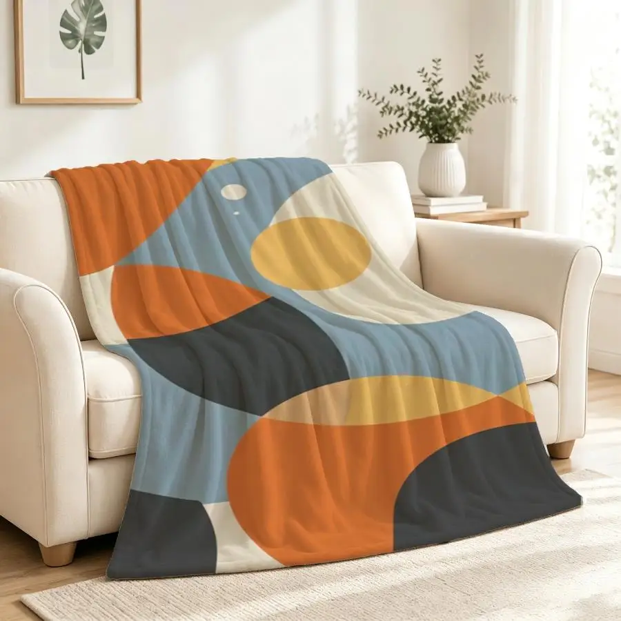 Mid-Century Modern Abstract Throw Blanket - Soft Flannel with Warm Orange & Blue Geometric Shapes, Cozy Decor for Couch, Bed & Office, Machine Washable Gift for Family Weighted Blanket 280GS - view 4