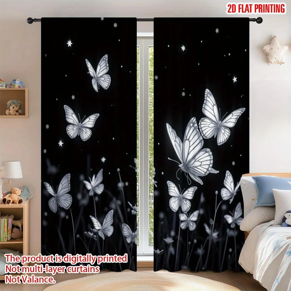 2PCS Black Butterfly Print Sheer Curtains – White & Gold Butterflies with Stars Floral, for Bedroom Entryway Living Room