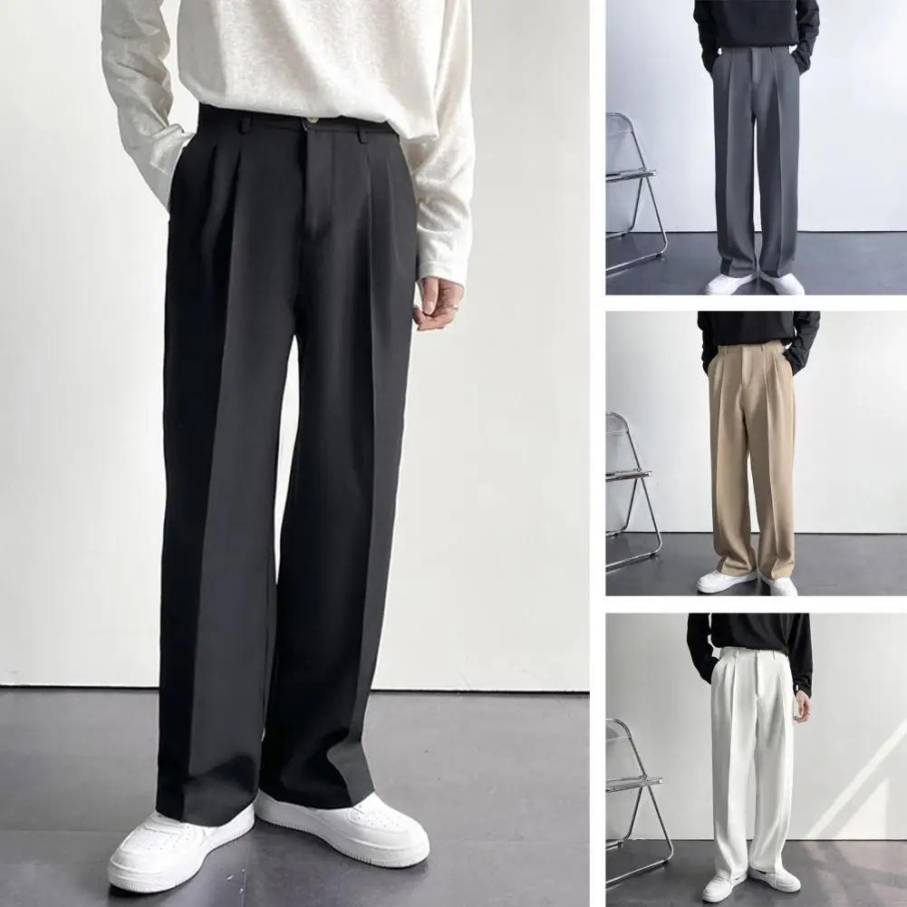 Pantalones de negocios versátiles para hombres, pantalones de pierna ancha de tiro medio, pantalones de traje de negocios versátiles, botones, cremallera, Mosca, primavera, otoño