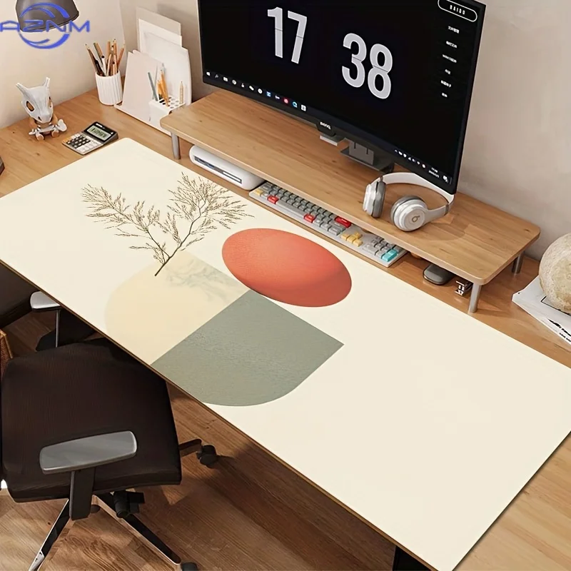 One Large Non-Slip Rubber Mouse Pad And Desk Mat Featuring a Minimalist Nature Design with Abstract Geometric Patterns in Beige,